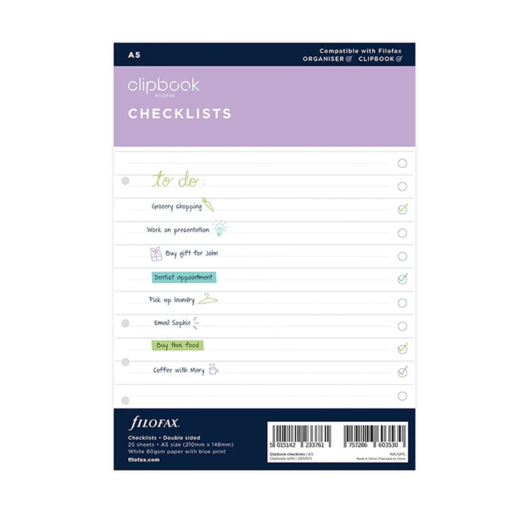 Filofax A5 Clipbook Checklists Refill White