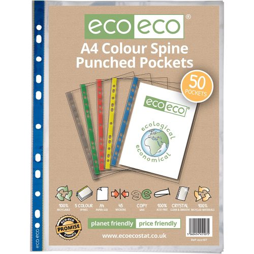 eco-eco A4 Coloured Spine Multi Punched Pockets 50 Pack