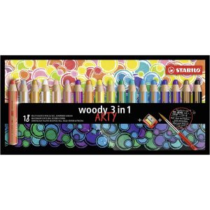 Stabilo Woody 3 In 1 Pack of 18 Arty Colours + Sharpener + Brush