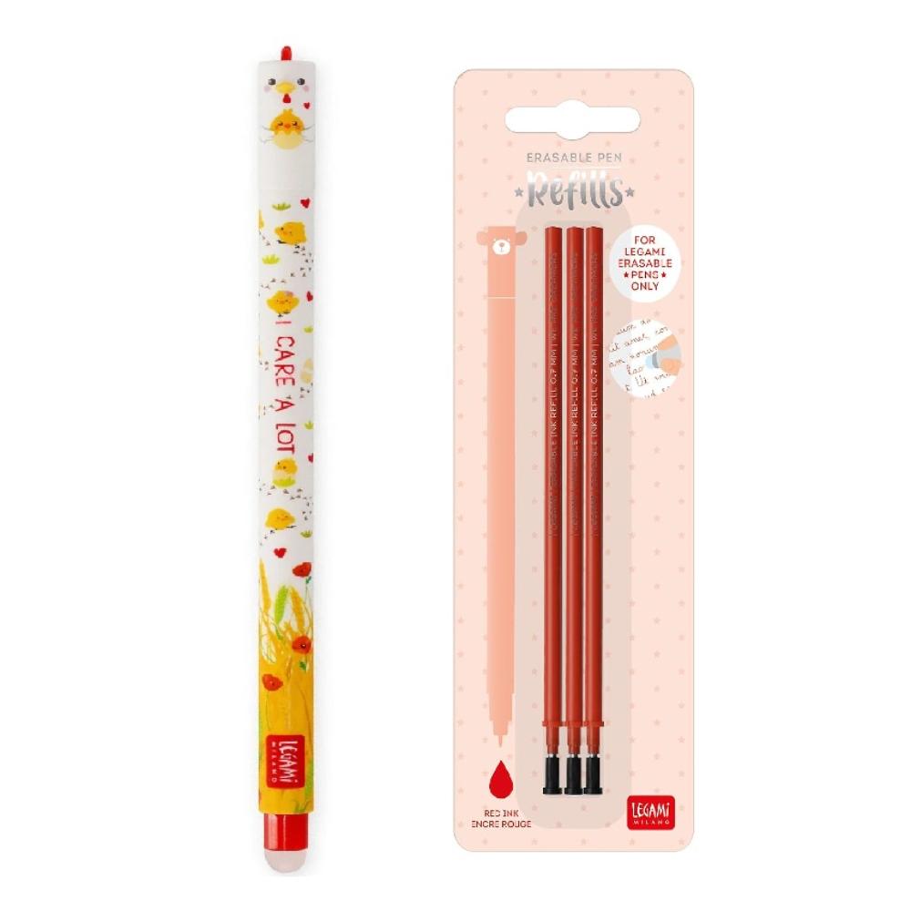 Legami Erasable Gel Pen - Hen Red Ink + 3 Red Refills - 0.7mm Tip