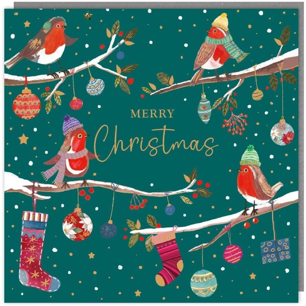 Tracks Charity Christmas Cards Robins on Decorated Branches Design Pack of 5 Cards