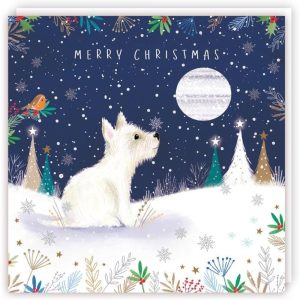 Tracks Charity Christmas Cards Westie Dog and Full Moon Pack of 5 Cards