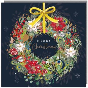 Tracks Charity Christmas Cards Snowy Peacock Feather Wreath Design Pack of 5 Cards