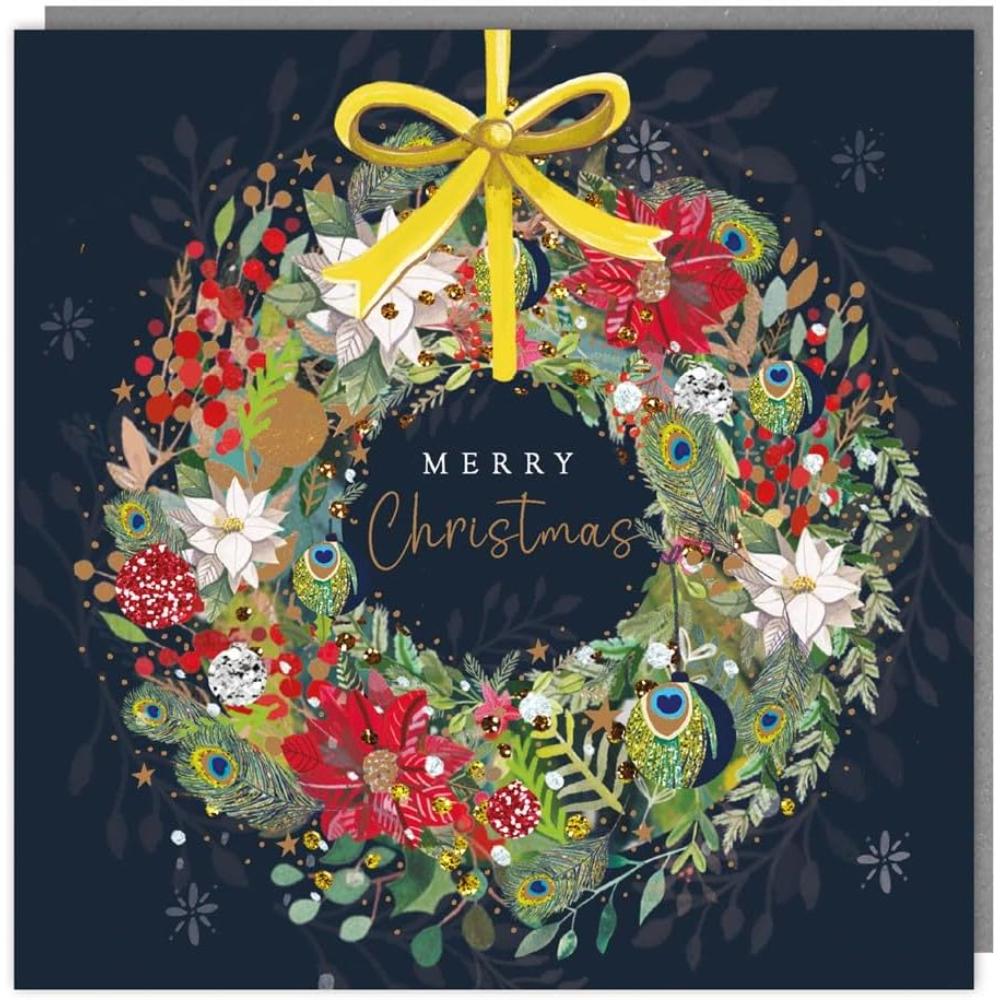Tracks Charity Christmas Cards Snowy Peacock Feather Wreath Design Pack of 5 Cards
