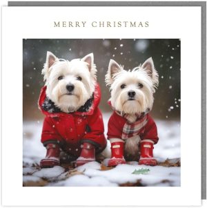 Tracks Charity Christmas Cards Snowy Westie Dogs Design Pack of 5 Cards